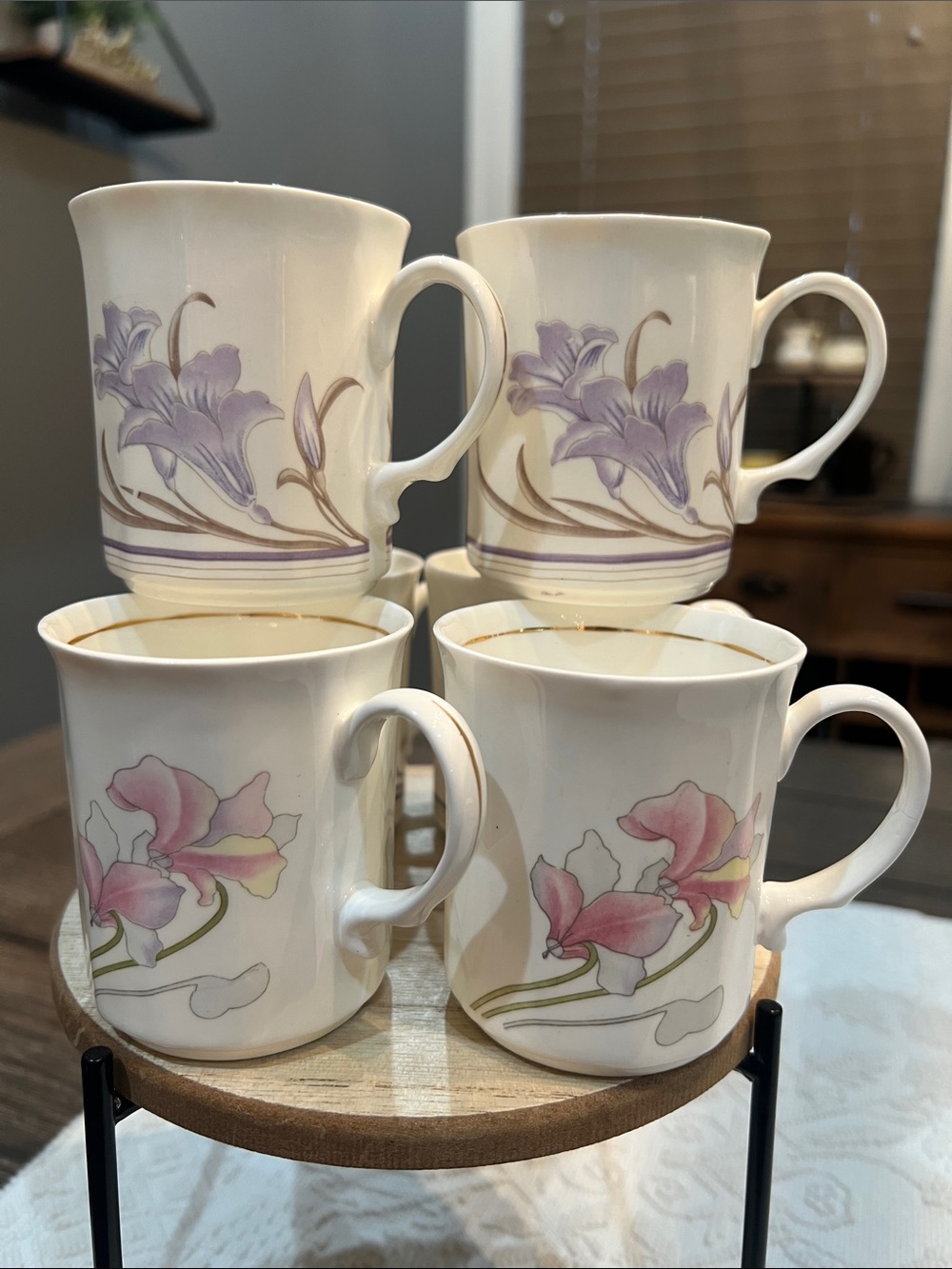6 Vintage 1980s Hitkari Potteries Bone China Teacups  Pink & Purple Lilies